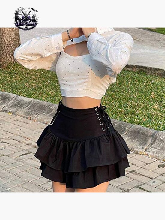 High Waist Mini Skirt with Ruffle Tie Closure, A-Line Pleated Style - Picture 2 of 7